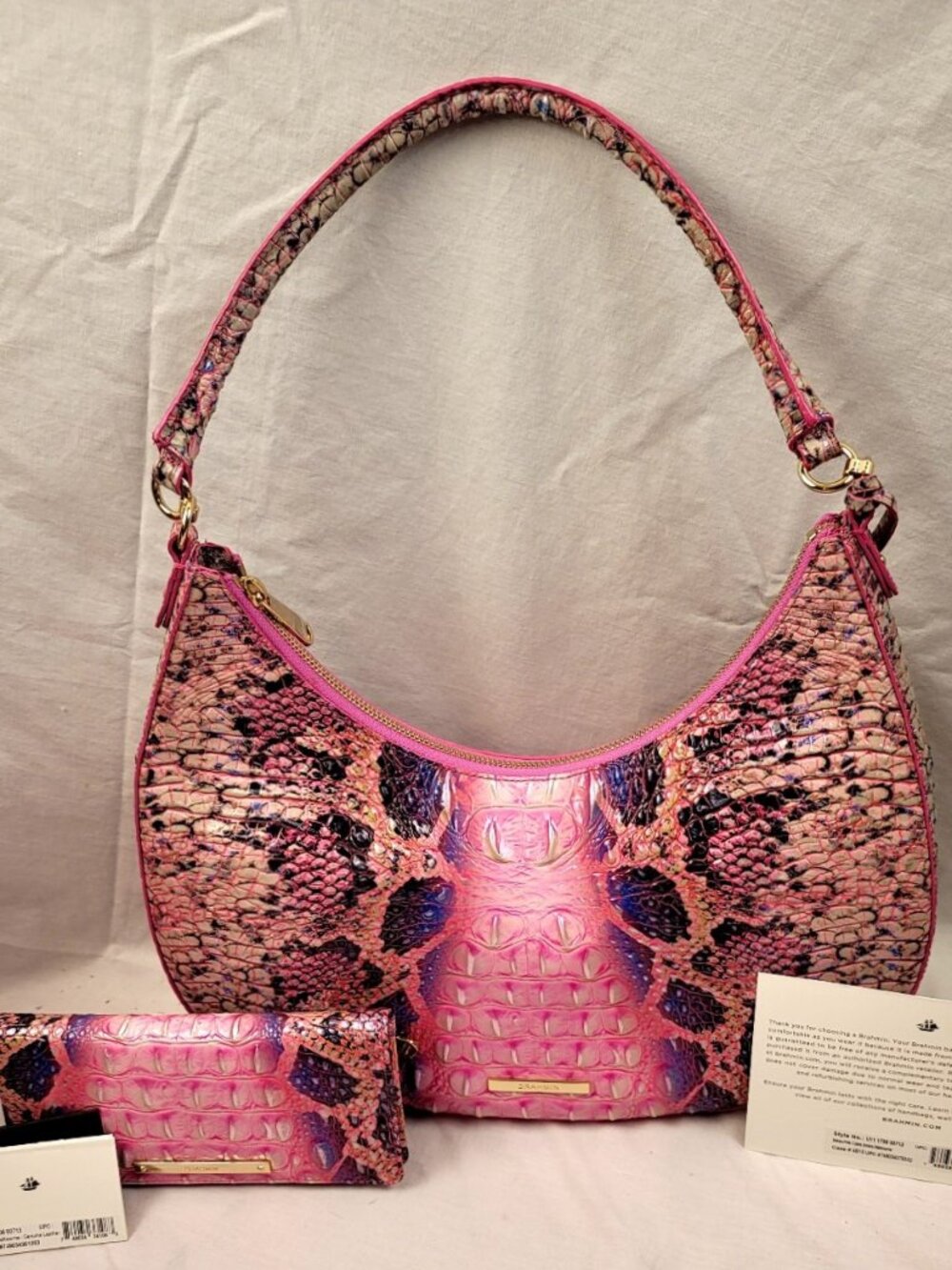 BRAHMIN 2 pc. PINK COBRA OMBRE BEKKA SHOULDER BAG/PURSE - WALLET -REG. CARD